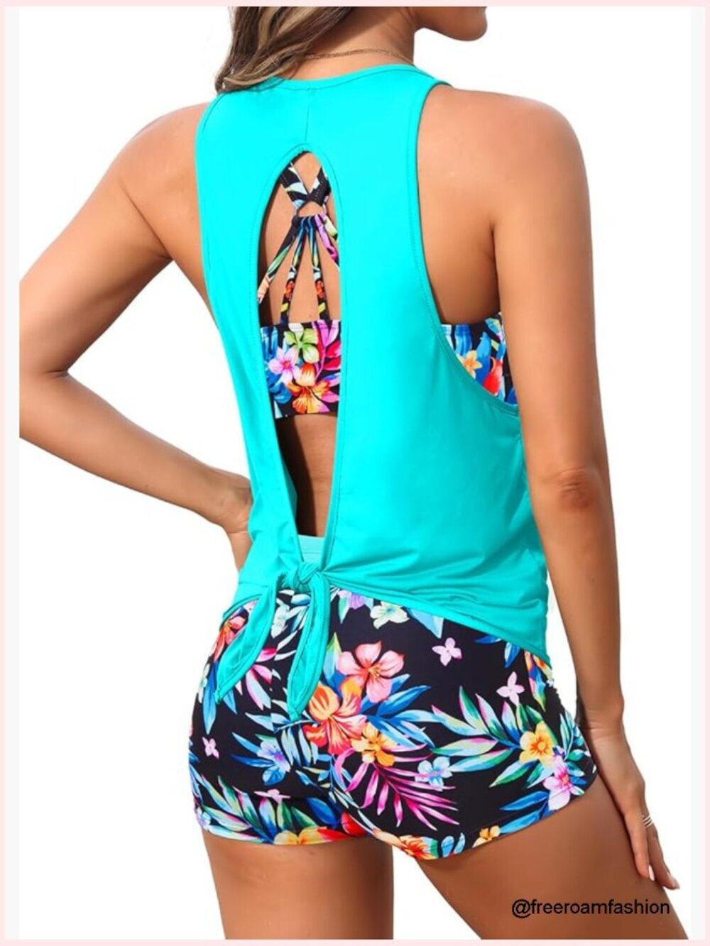 3 Piece Tankini Swimsuit with Shorts Open Back Athletic Bathing Suit